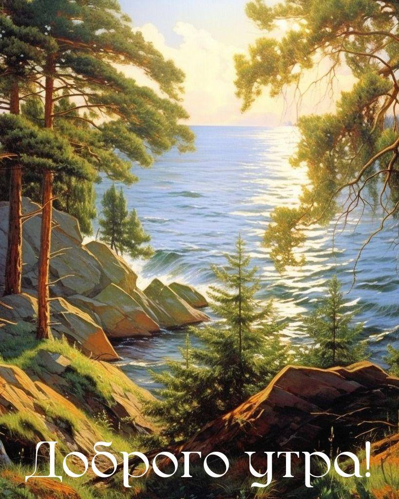 Лес на берегу моря, солнечный свет сквозь деревья