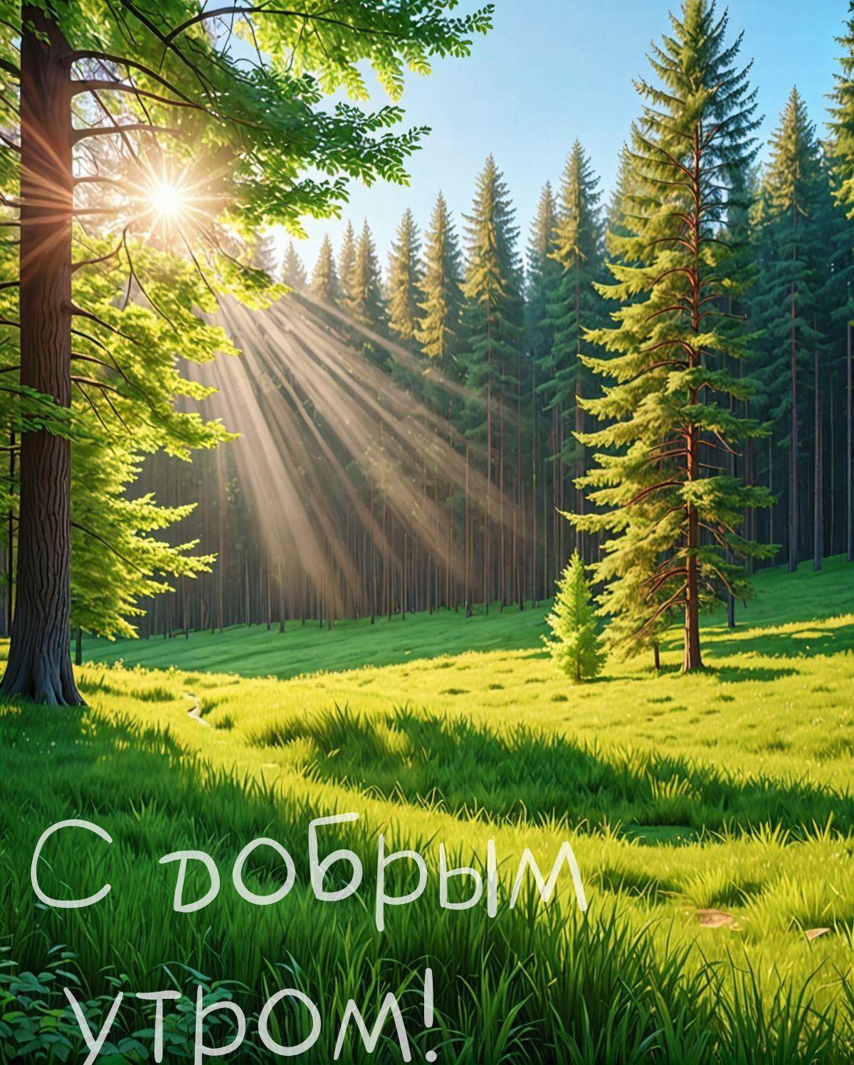 Лес освещенный лучами солнца, зеленая трава