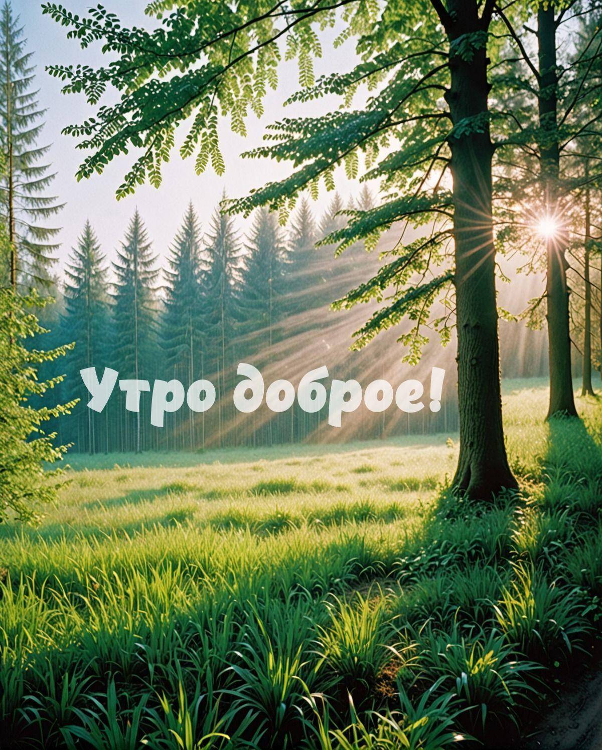 Лес, солнечные лучи сквозь деревья, зеленая трава