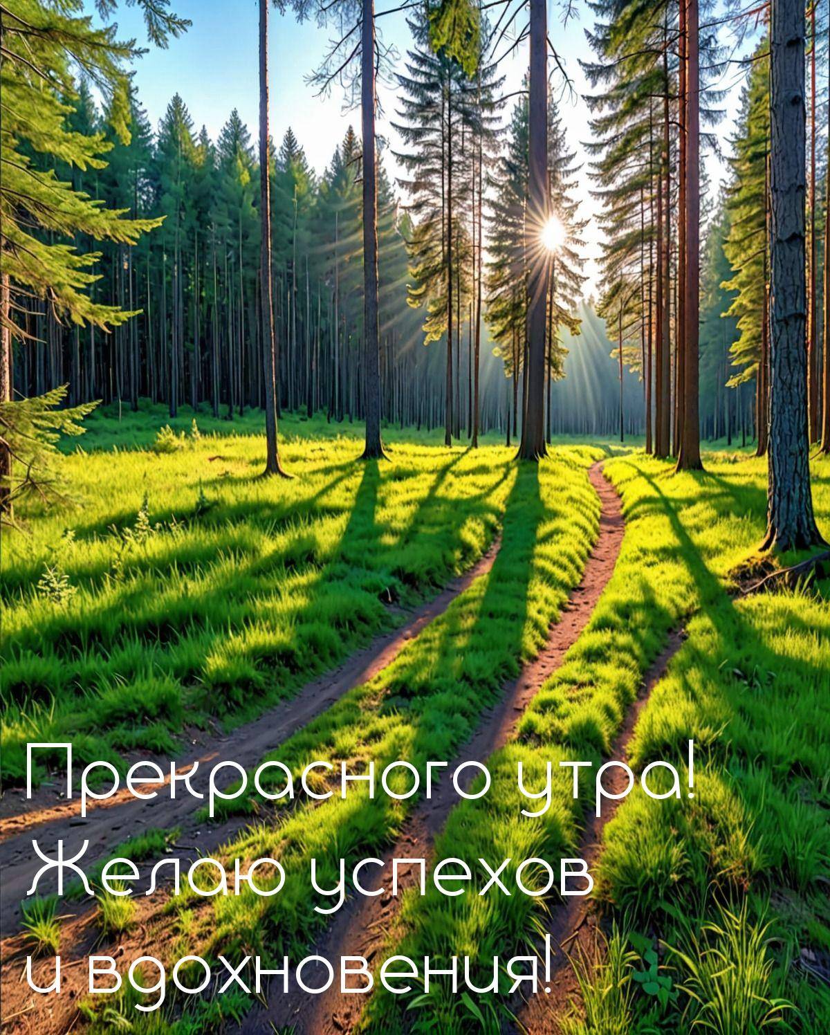 Лесная дорога, солнечные лучи сквозь деревья, зеленая трава