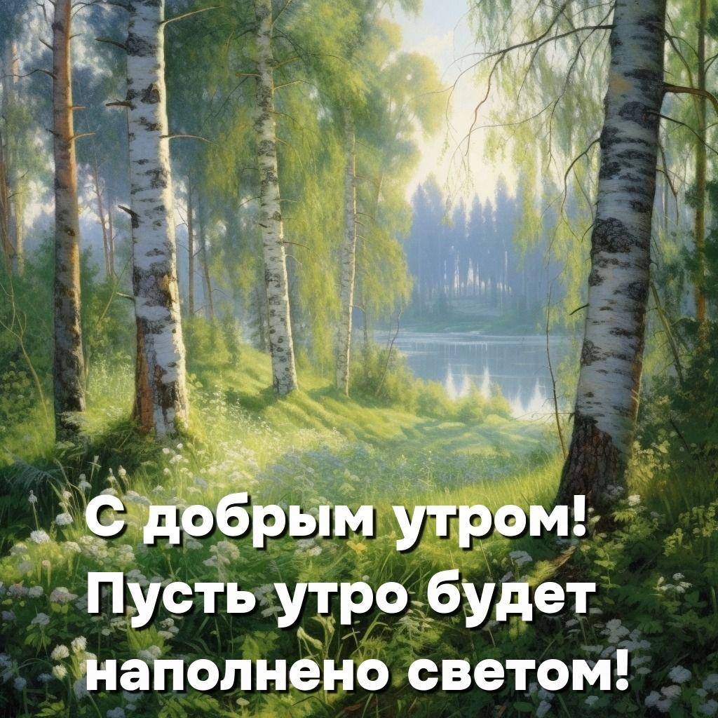 Лесная поляна с березами и цветами у воды