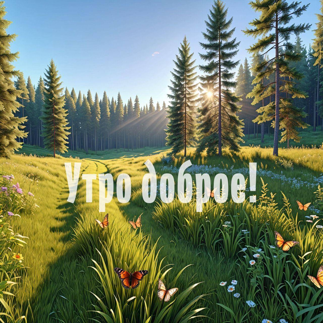 Лесная поляна с травой, цветами и бабочками