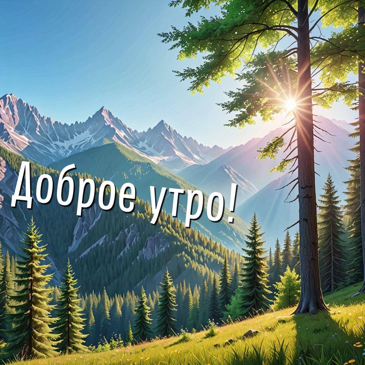 Лесная поляна с видом на горы и солнечные лучи