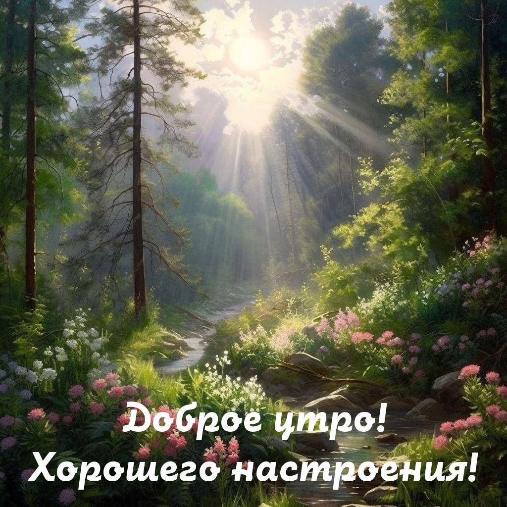 Лесная тропа, солнечные лучи сквозь деревья, река и цветы