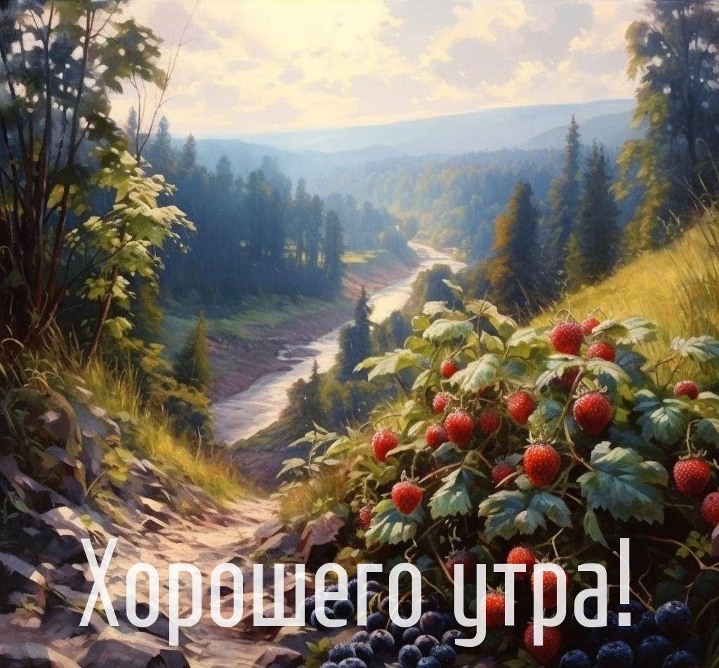 Лесная тропа, ягоды на переднем плане, река в долине