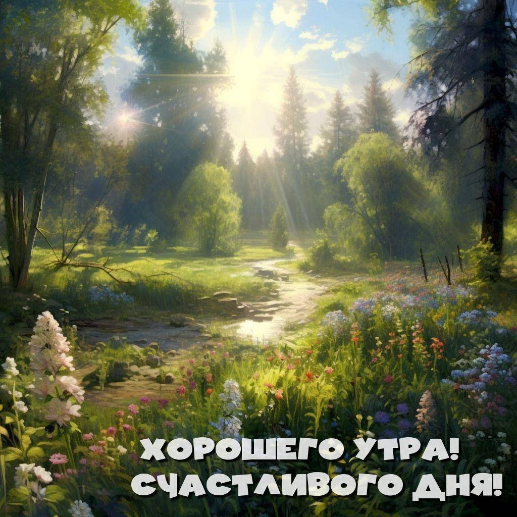 Лесная тропинка солнечным утром, цветы на переднем плане