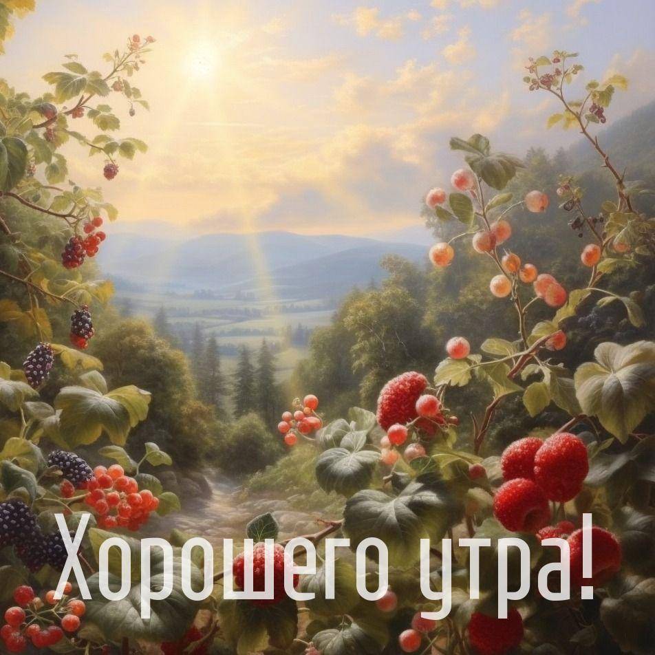 Лесные ягоды на переднем плане, солнечные лучи сквозь деревья
