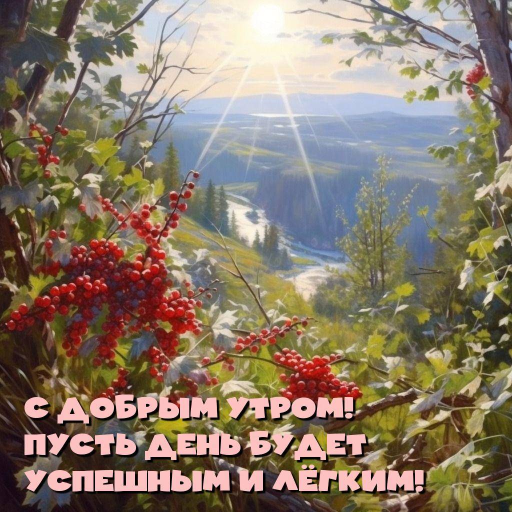 Лесной пейзаж с рекой и красными ягодами
