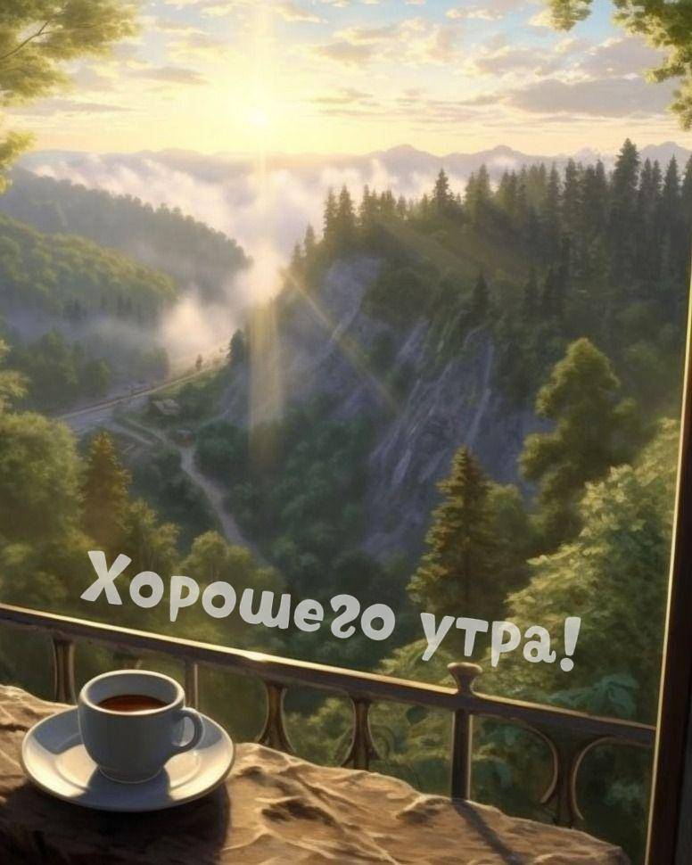 Лесной пейзаж с туманом, чашка кофе на балконе