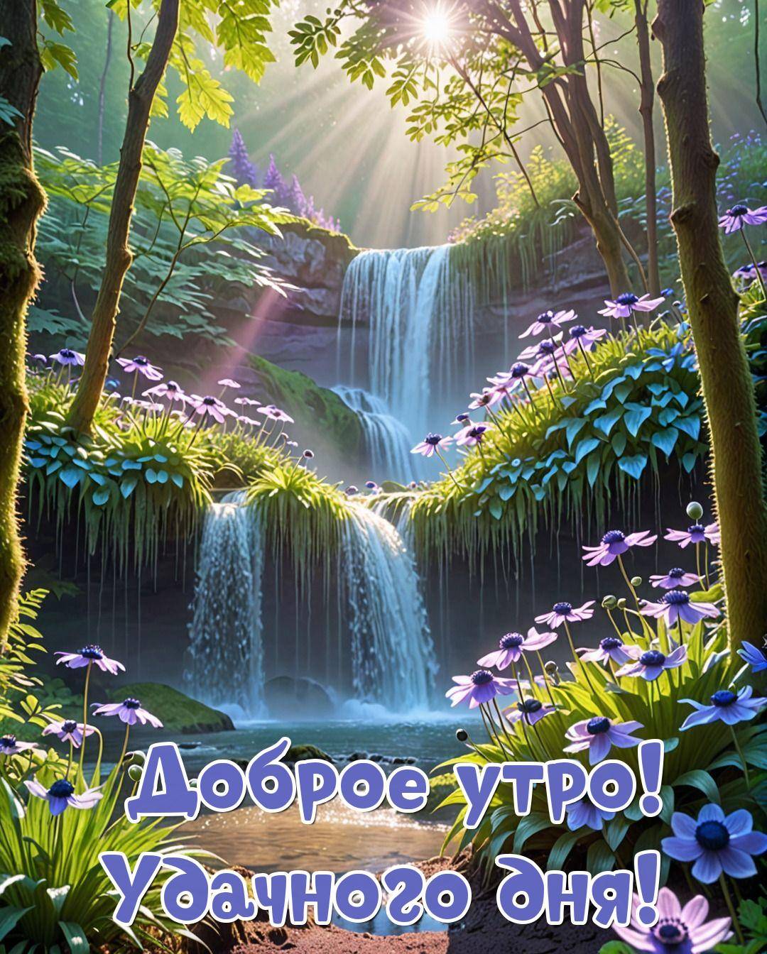 Лесной водопад, солнечные лучи сквозь листву, цветы