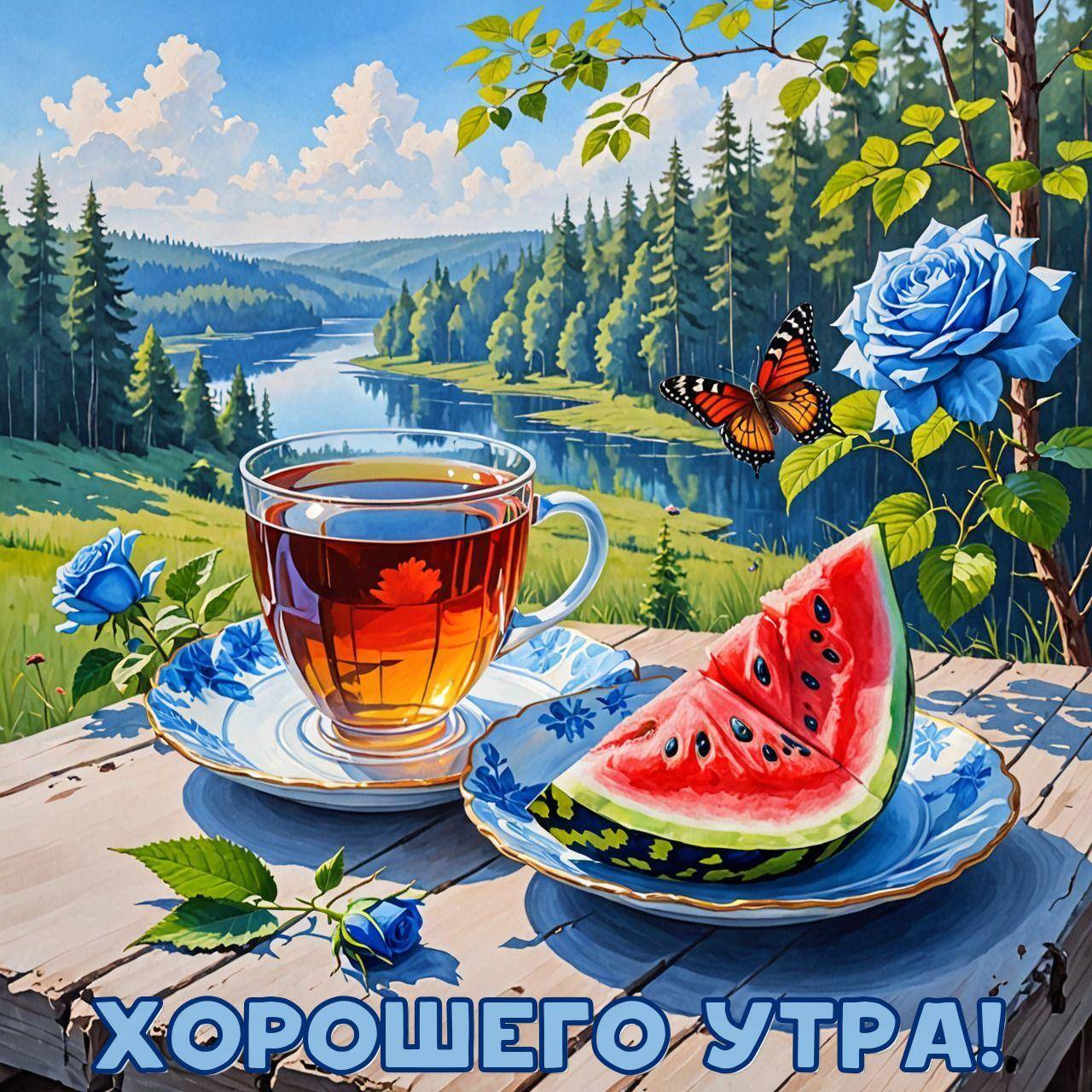 Летний пейзаж с чашкой и арбузом на столе, бабочка на фоне реки и холмов