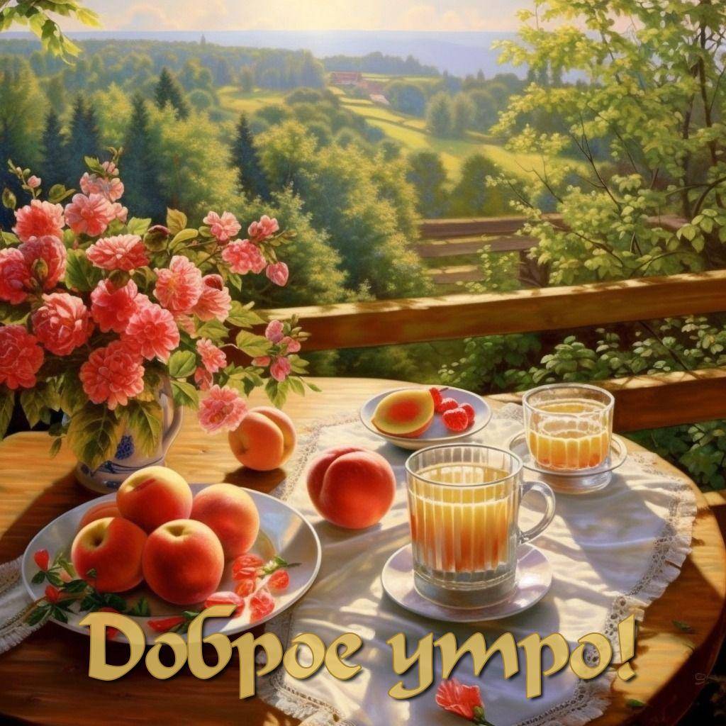 Летний пейзаж с фруктами и напитками на столе