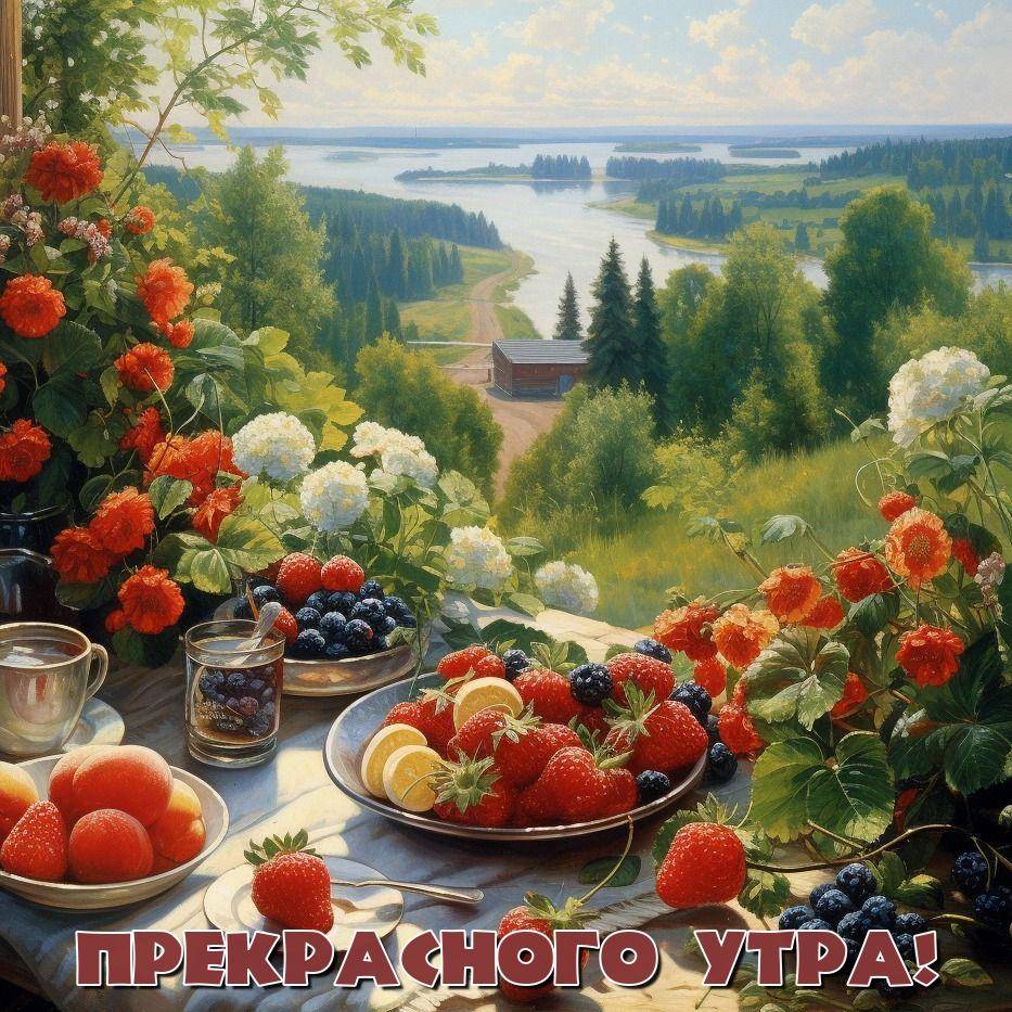 Летний пейзаж с фруктами и ягодами на столе