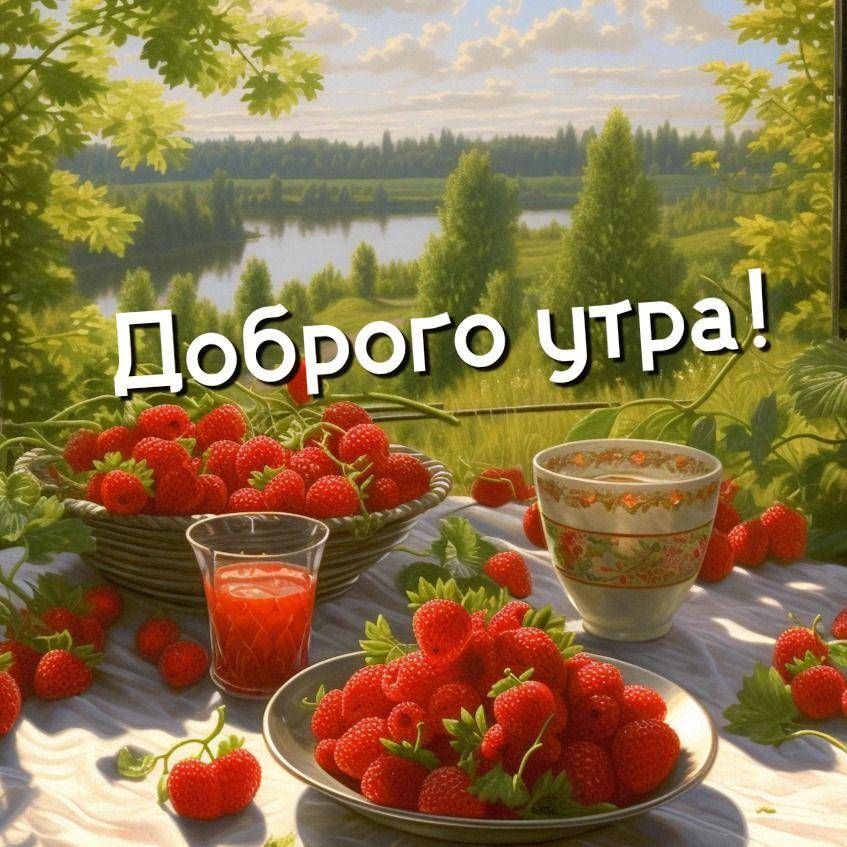 Летний пейзаж с клубникой на тарелке и чашкой