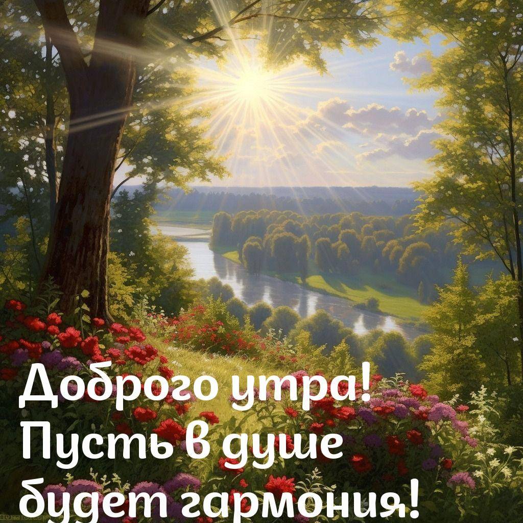 Летний пейзаж с рекой, деревьями и цветами