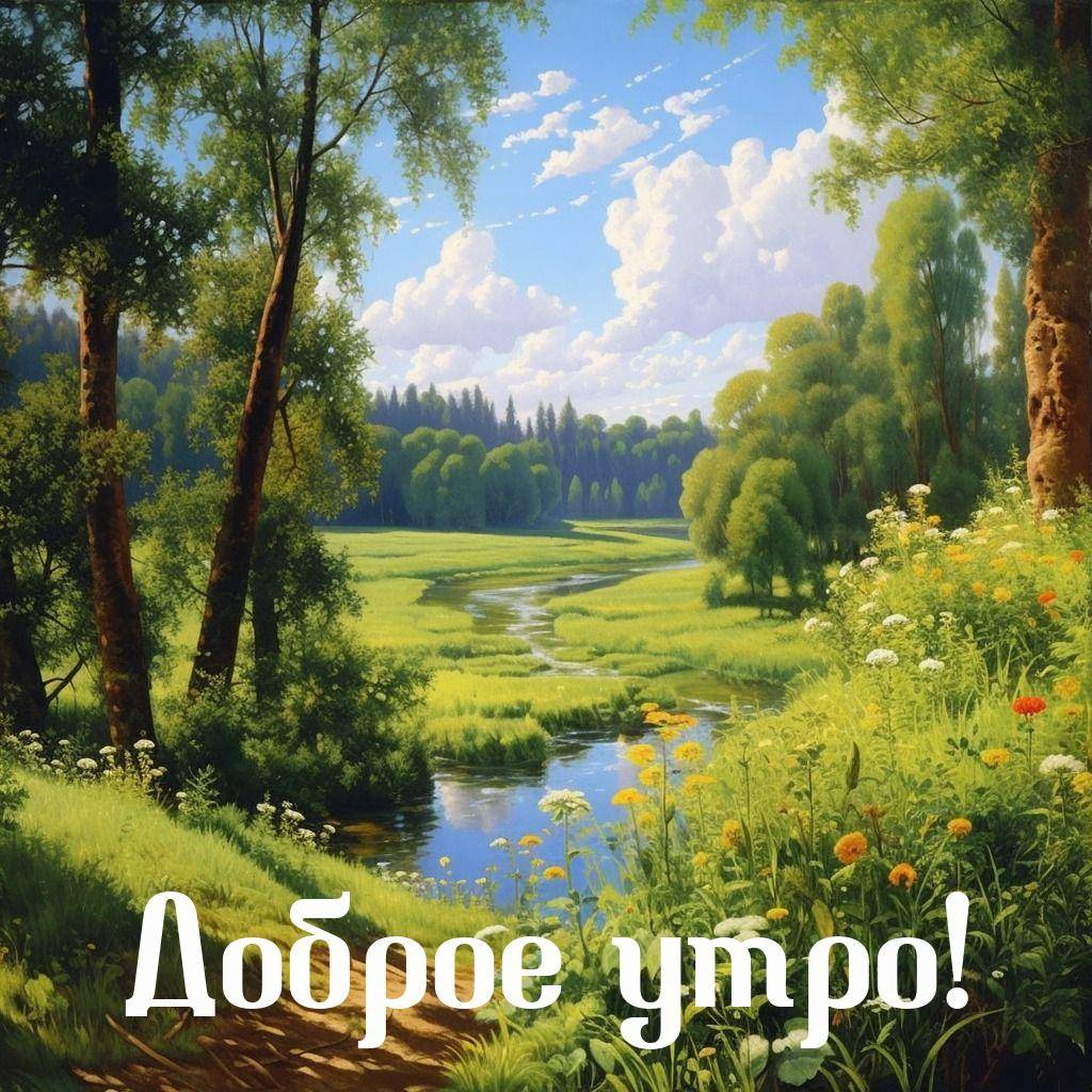 Летний пейзаж с рекой и деревьями
