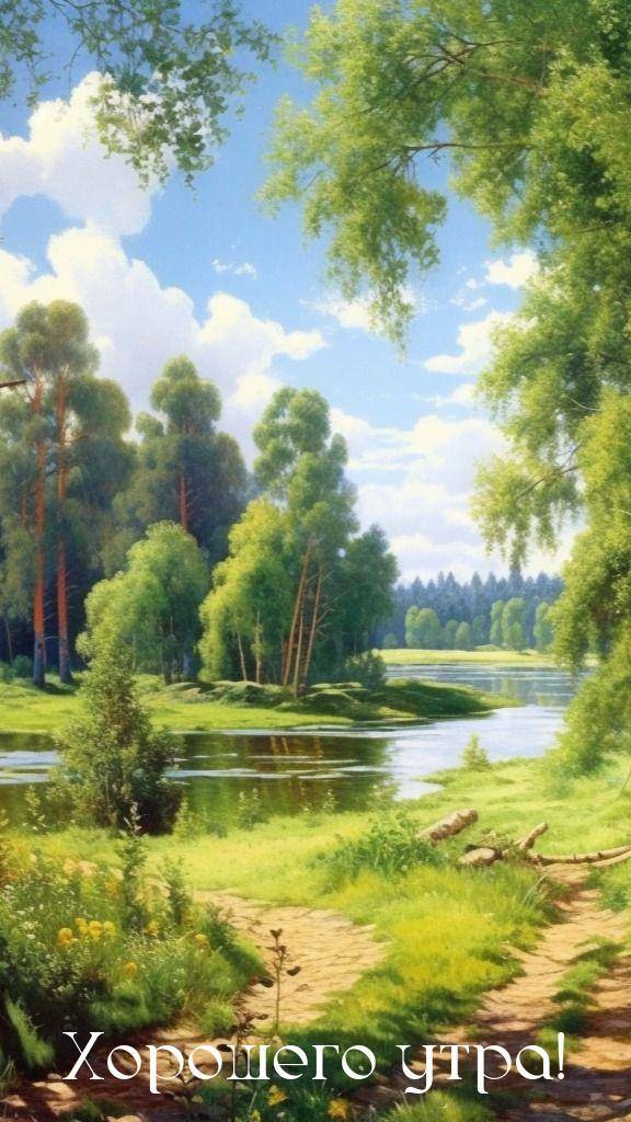 Летний пейзаж с рекой и зелёными деревьями