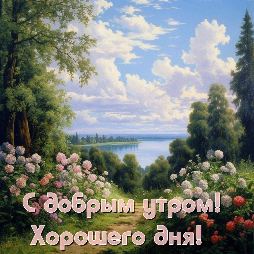 Летний пейзаж с цветущими кустами и деревьями