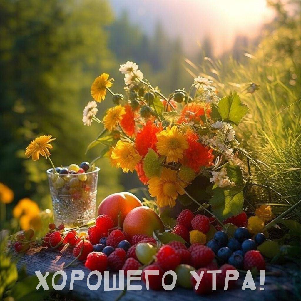 Летний пейзаж с ягодами и цветами на природе