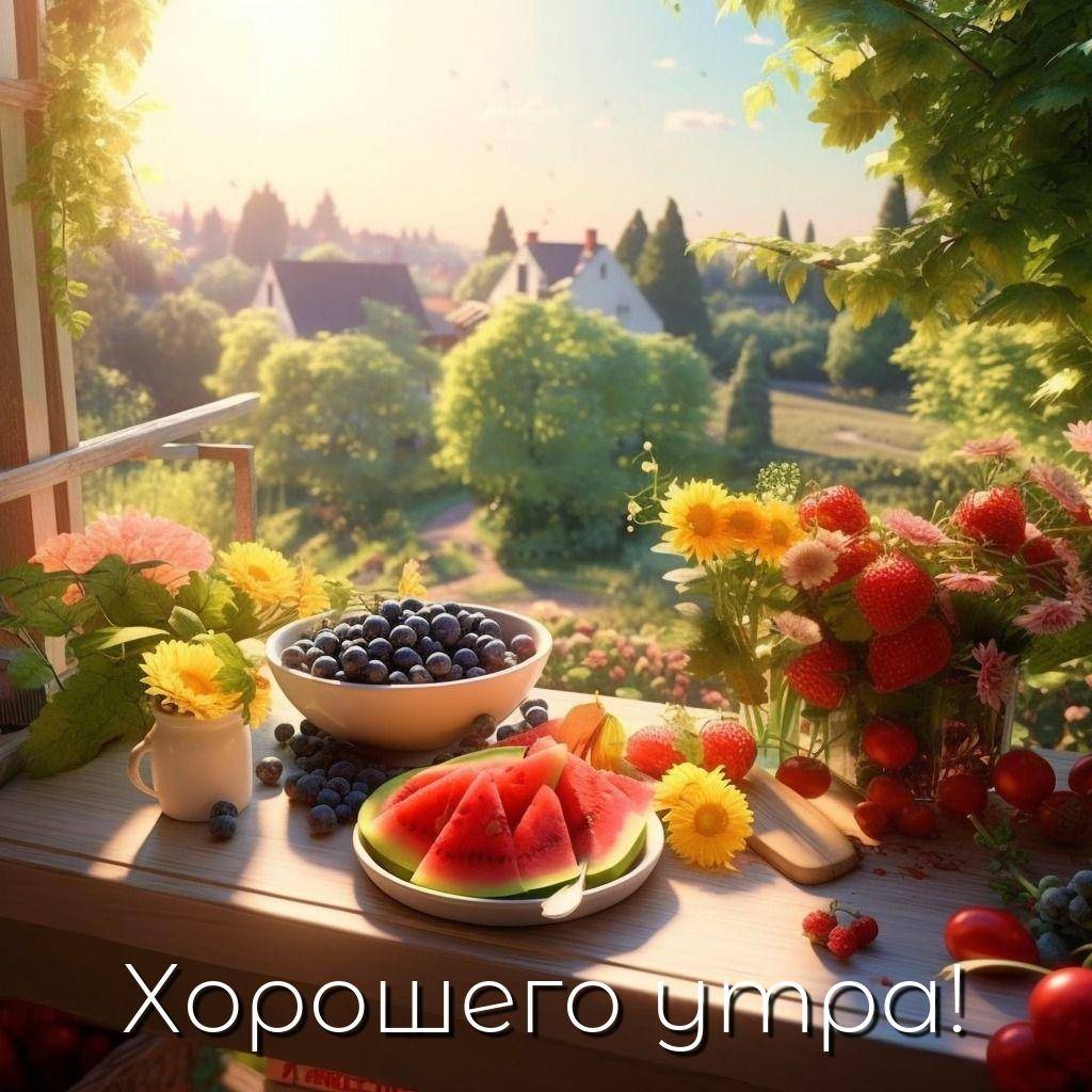 Летний вид из окна на природу, фрукты на подоконнике