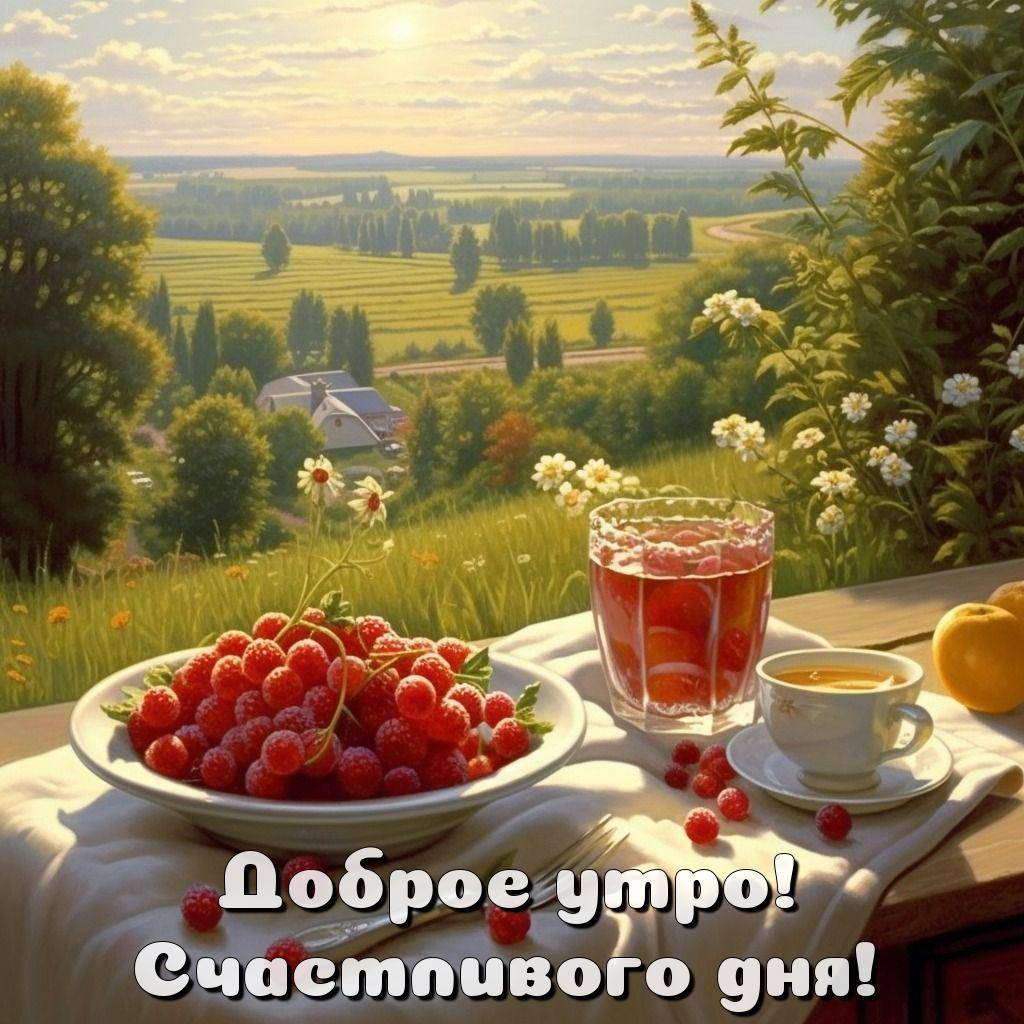 Летний завтрак на открытом воздухе с малиной и чаем