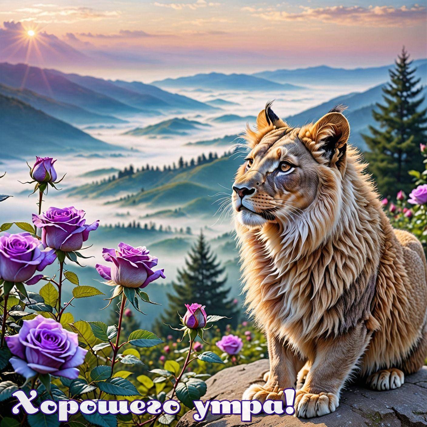 Лев среди роз на фоне гор и тумана