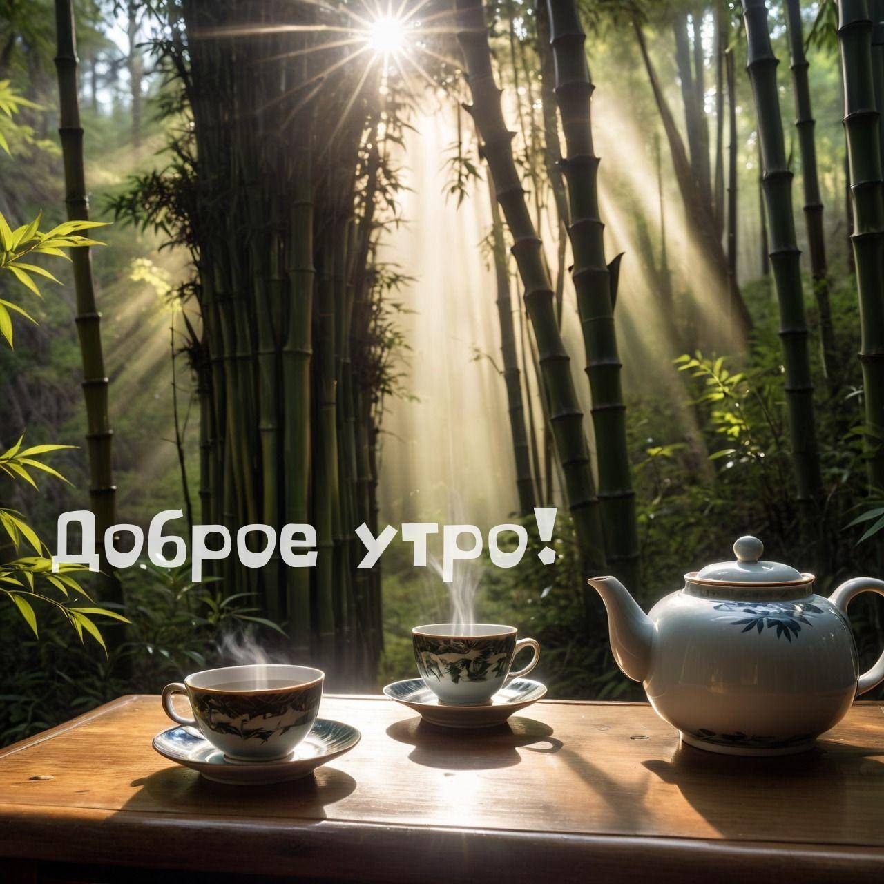 Лучи солнца сквозь бамбук, чайник и чашки с паром