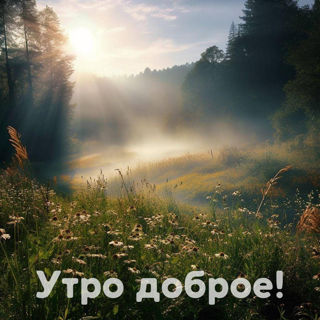 Лучи солнца сквозь деревья, туманный луг, цветы