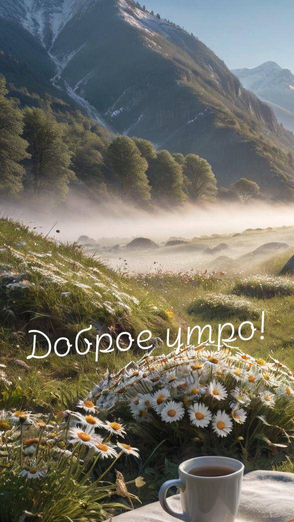 Луг с ромашками и чашкой на переднем плане, туман над холмами