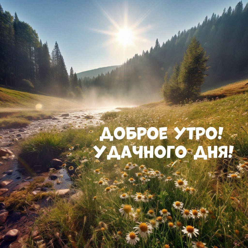Луг с ромашками, река, лес и солнце над горизонтом