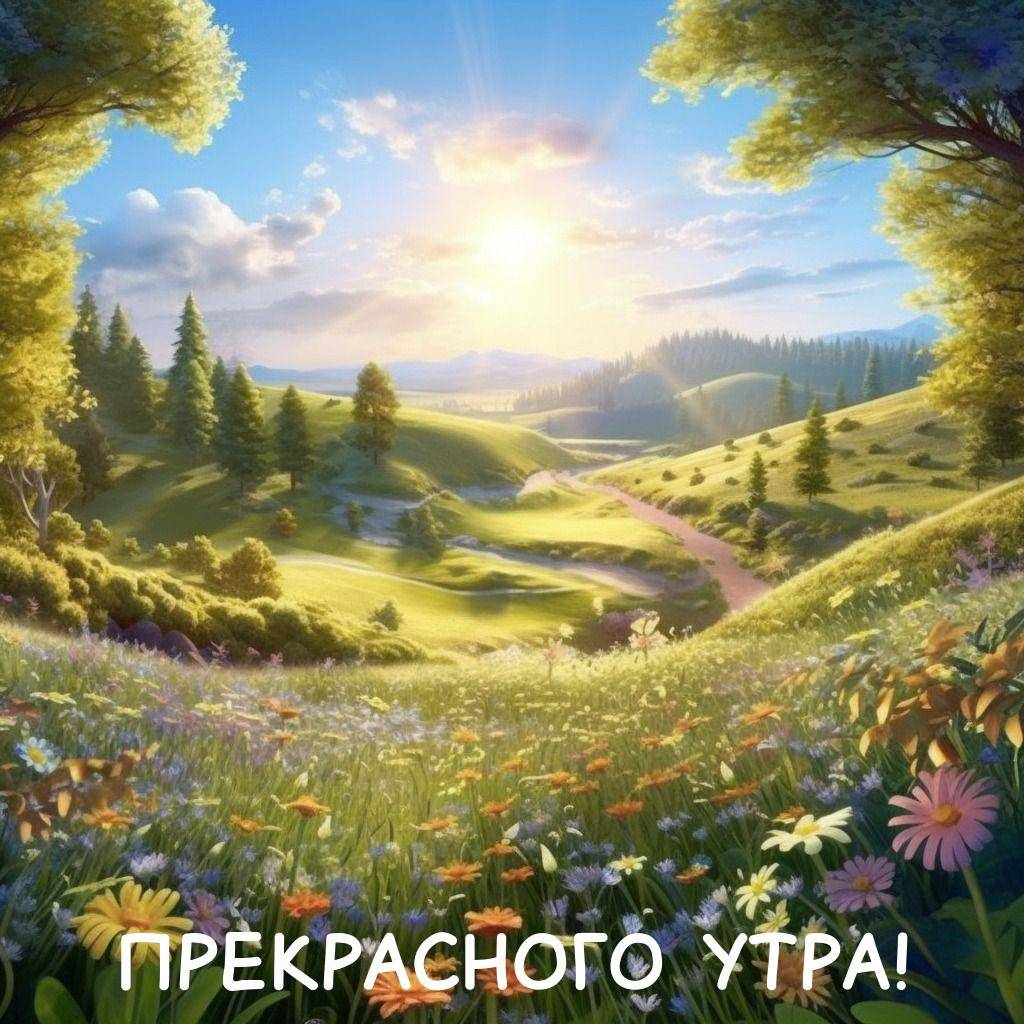 Луг с цветами, деревья, холмы и яркое солнце