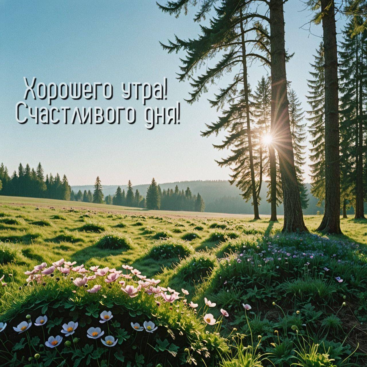 Луг с цветами, деревья, лучи солнца сквозь ветви