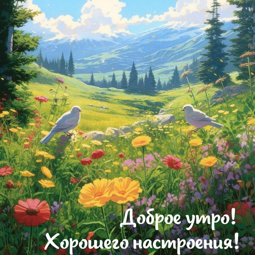 Луг с цветами и птицами, горы вдалеке