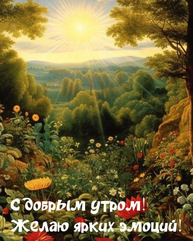 Луг с цветами на фоне восходящего солнца