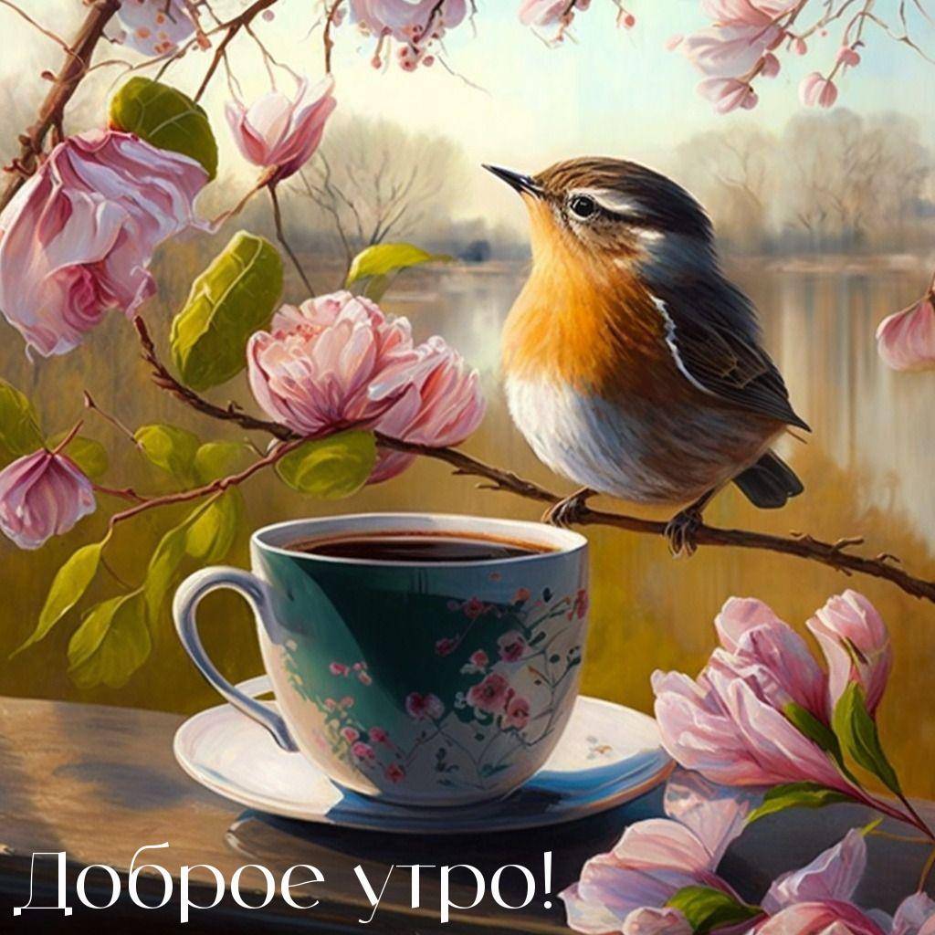 Маленькая птица на ветке с розовыми цветами рядом с чашкой