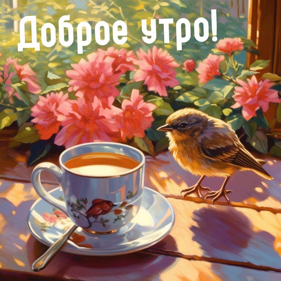 Маленькая птица рядом с чашкой чая