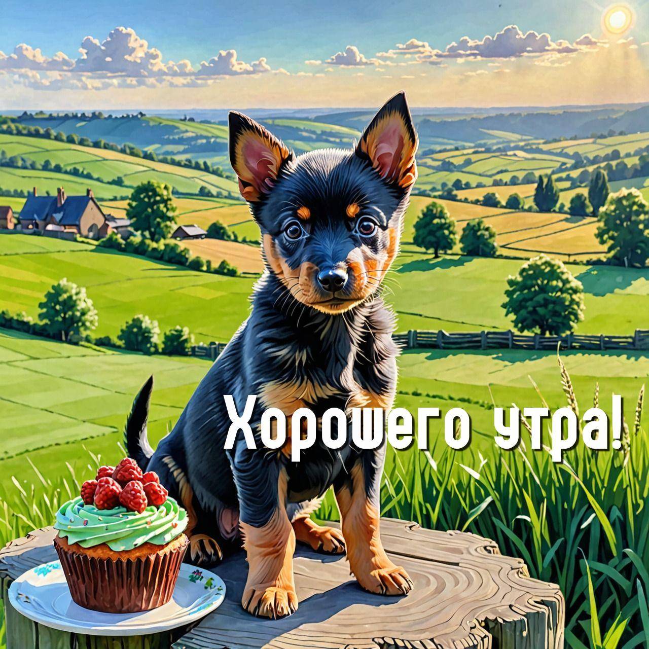 Маленькая собака рядом с кексом на фоне пейзажа