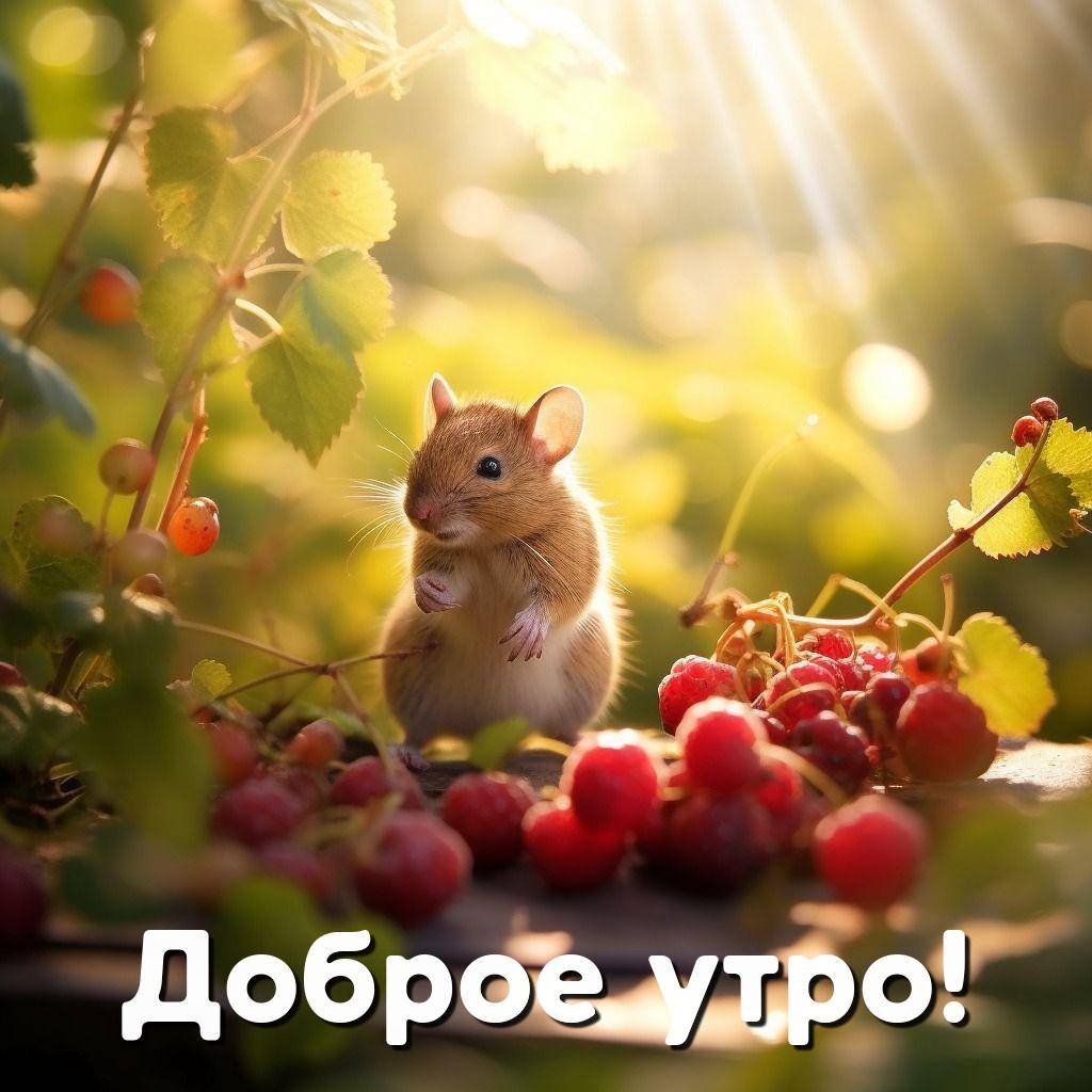 Маленький грызун среди зелени и ягод держит знак