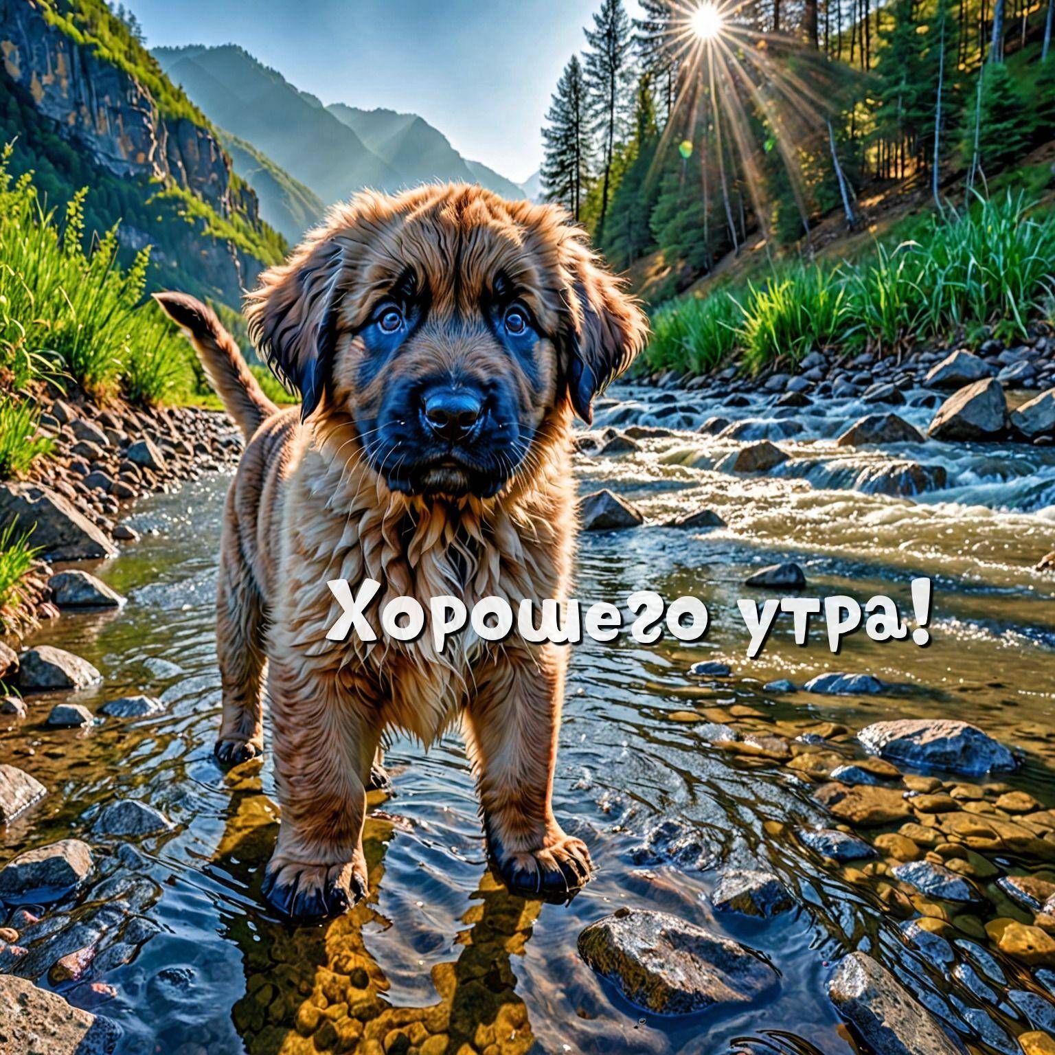 Маленький коричневый щенок стоит в ручье