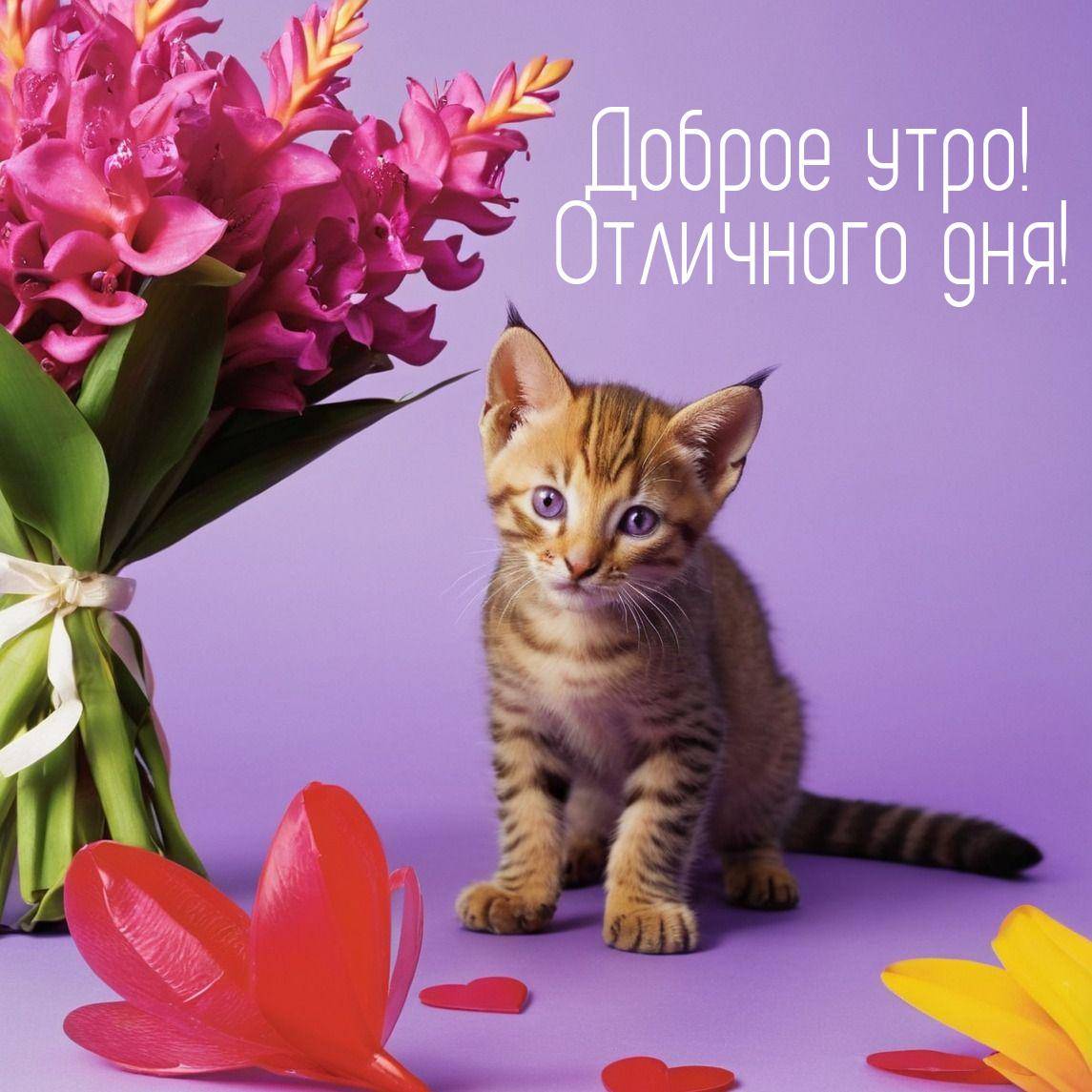 Маленький котенок с ярко-желтыми глазами на фиолетовом фоне