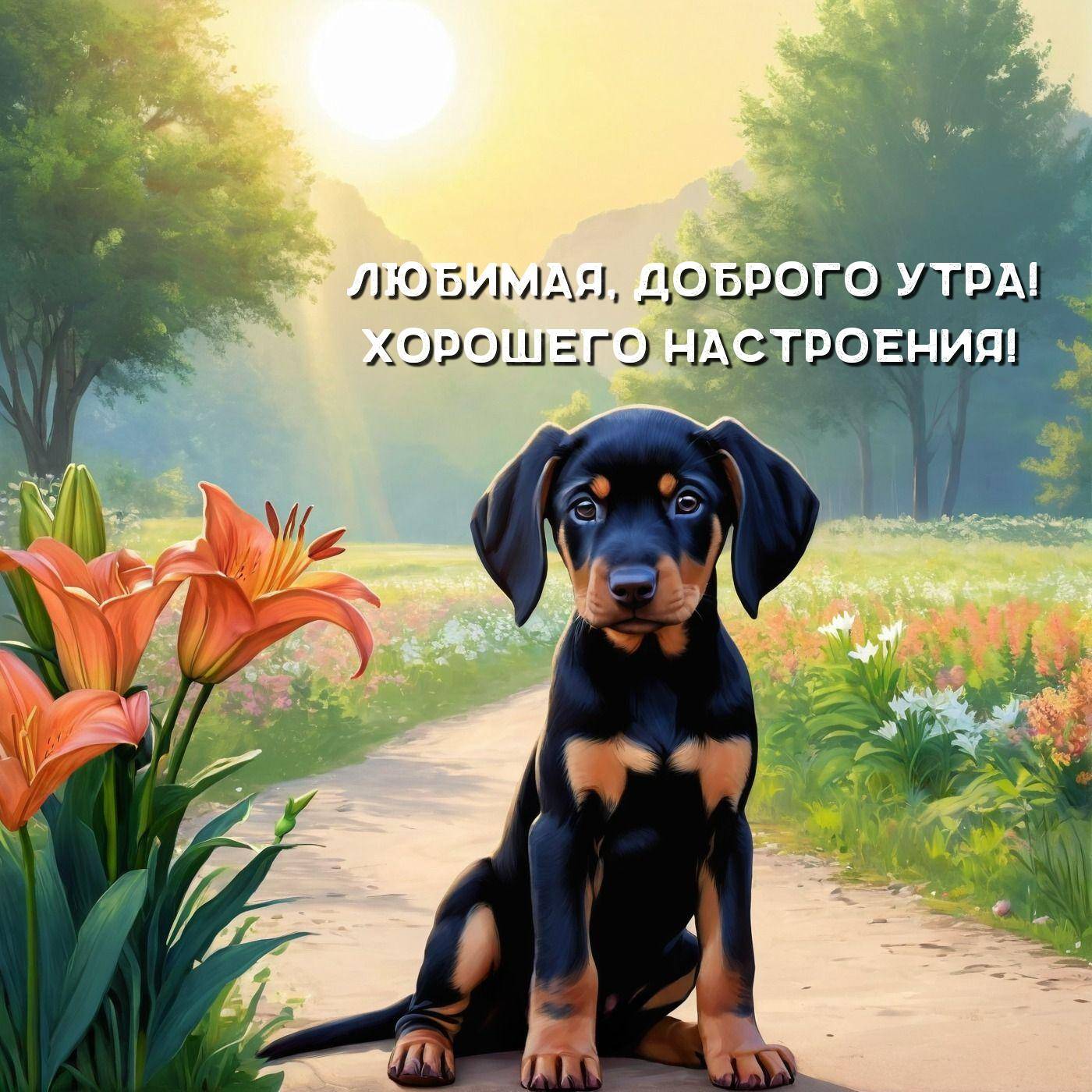 Маленький щенок сидит в цветущем саду