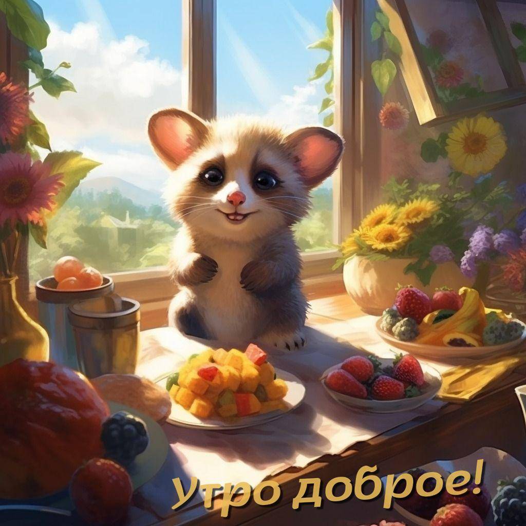Маленькое пушистое существо на подоконнике с фруктами
