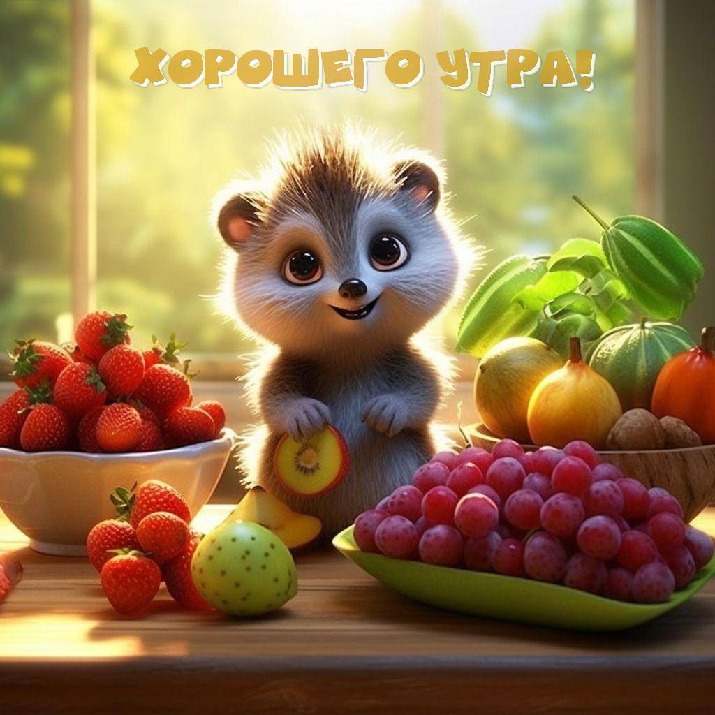 Маленькое пушистое существо с фруктами