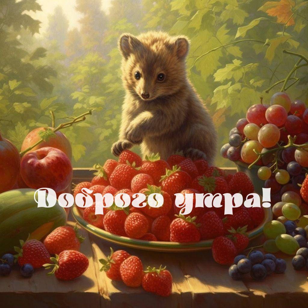 Маленькое пушистое животное среди свежих фруктов