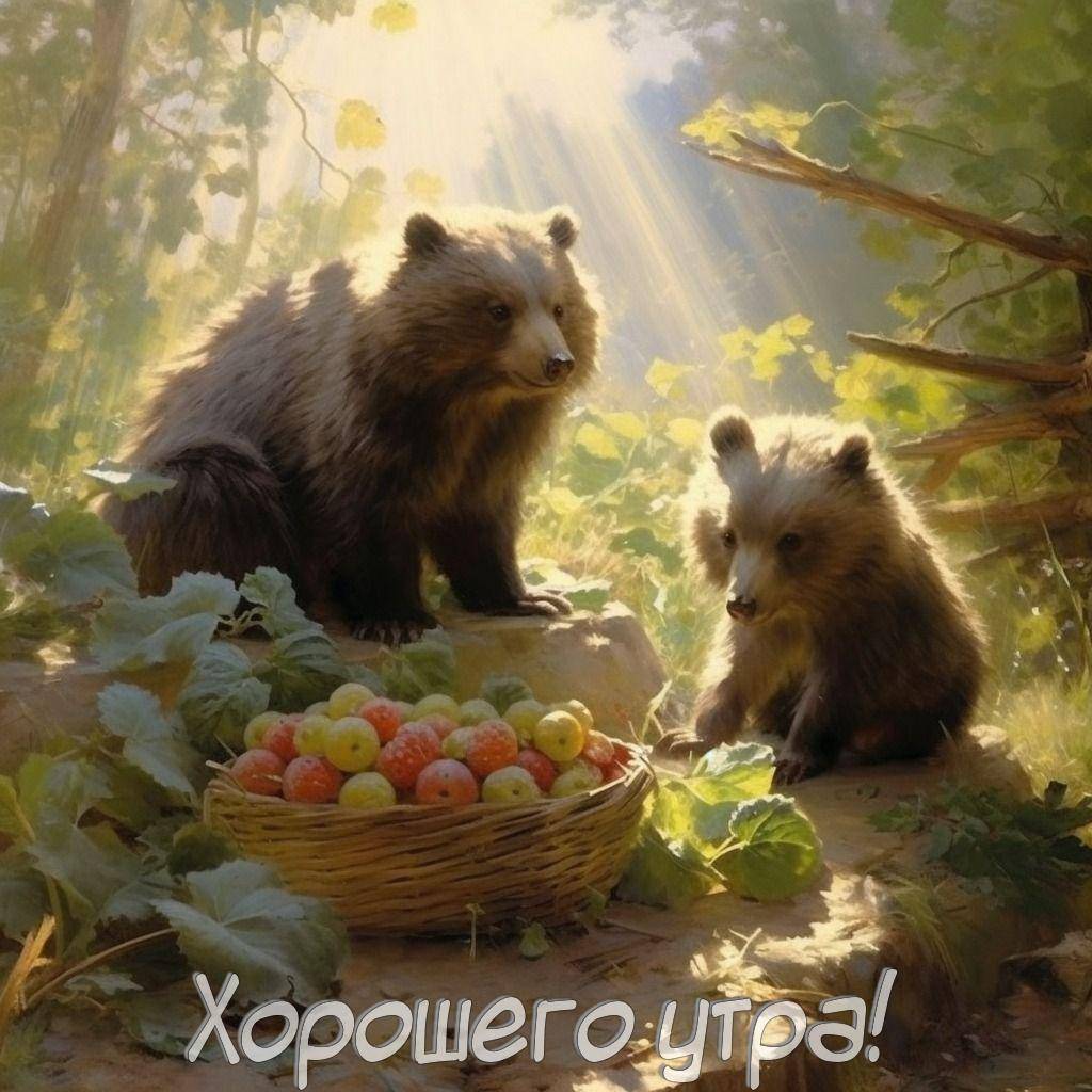 Медведь и медвежонок рядом с корзиной яблок в лесу