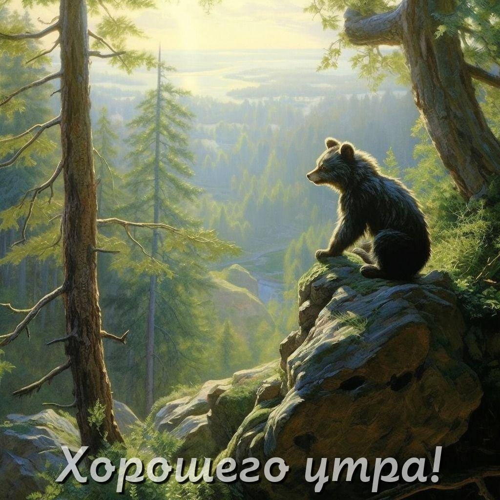 Медведь сидит на скале, смотрит на лес