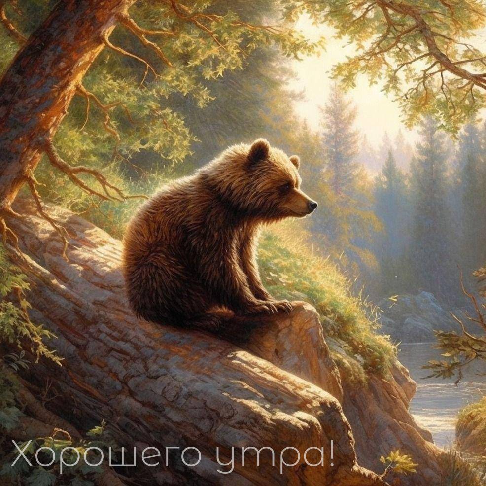 Медведь сидит на скале в лесу, солнечные лучи сквозь деревья
