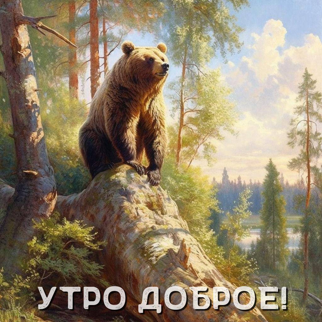 Медведь сидит на стволе дерева в лесу