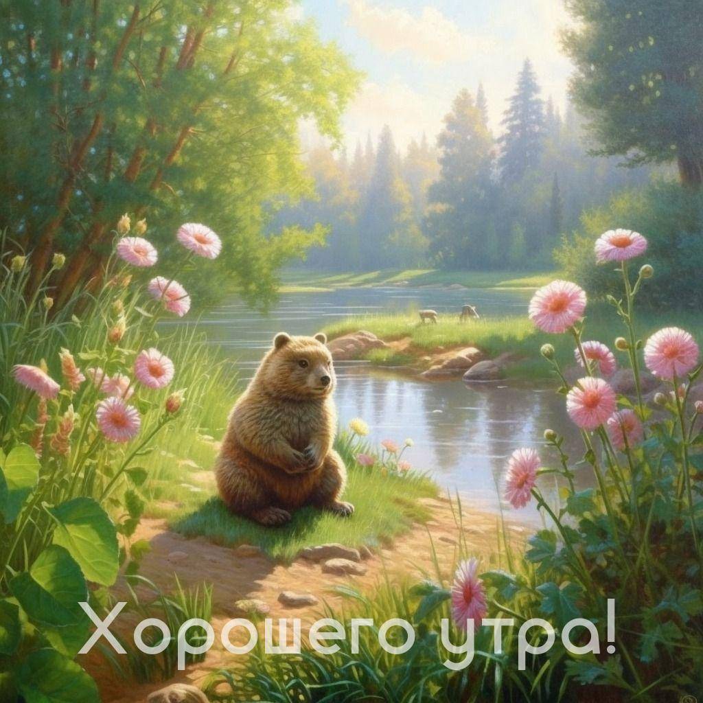 Медведь сидит у реки среди цветов и зелени