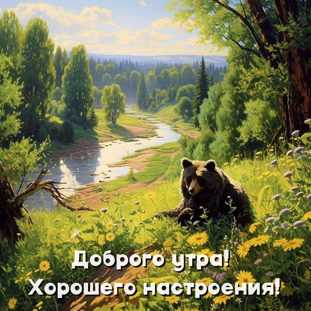 Медведь среди цветов у реки